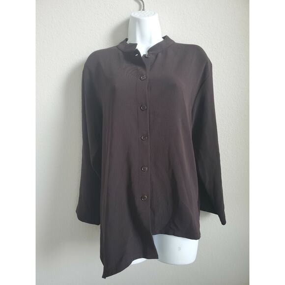 Blanque Womens Brown Asymmetric Button Down Top Size 1 Triacetate Blend - Picture 1 of 8